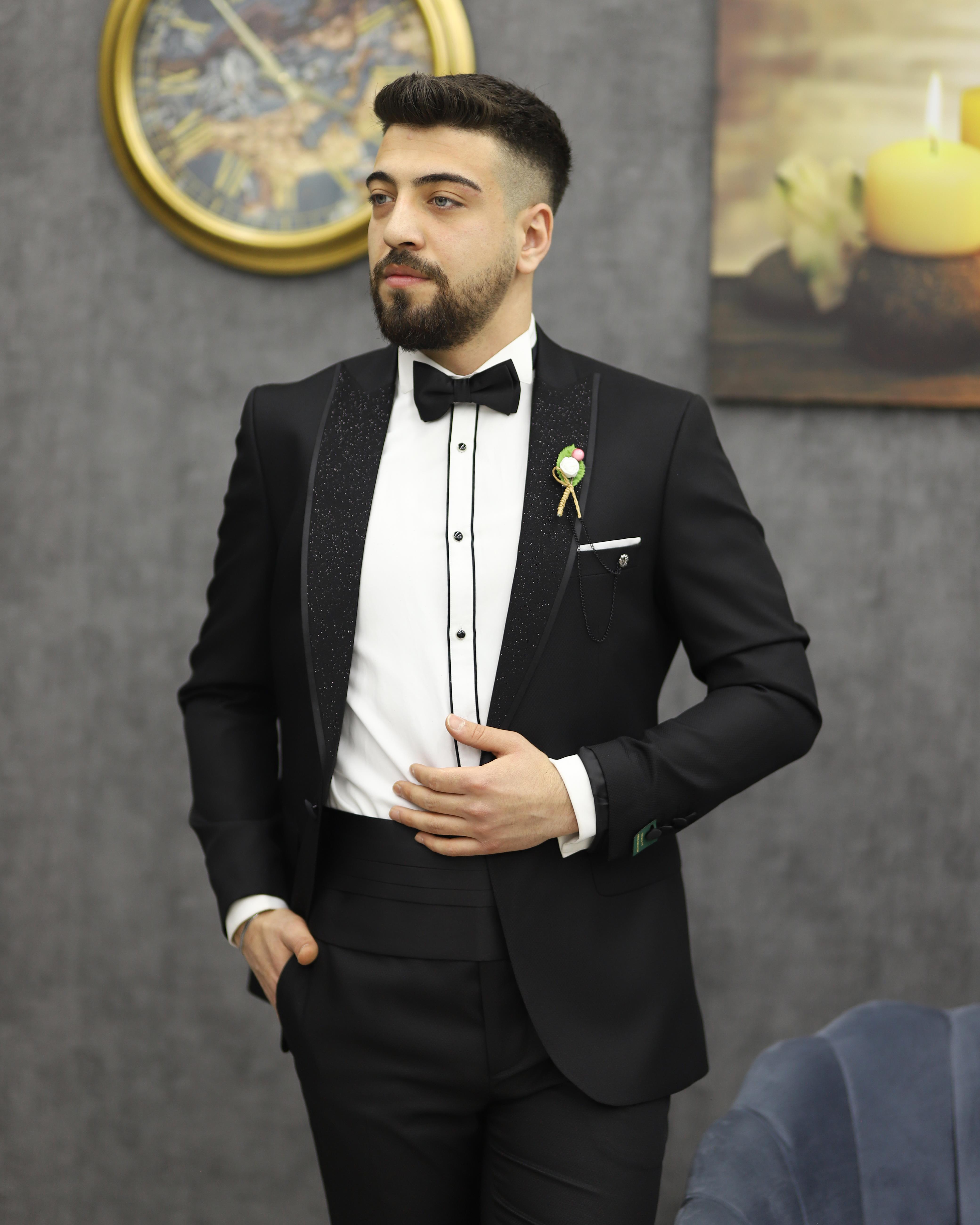 DORMEN 4290 SİMLİ KESİK YAKA SMOKİN SET(SİYAH)
