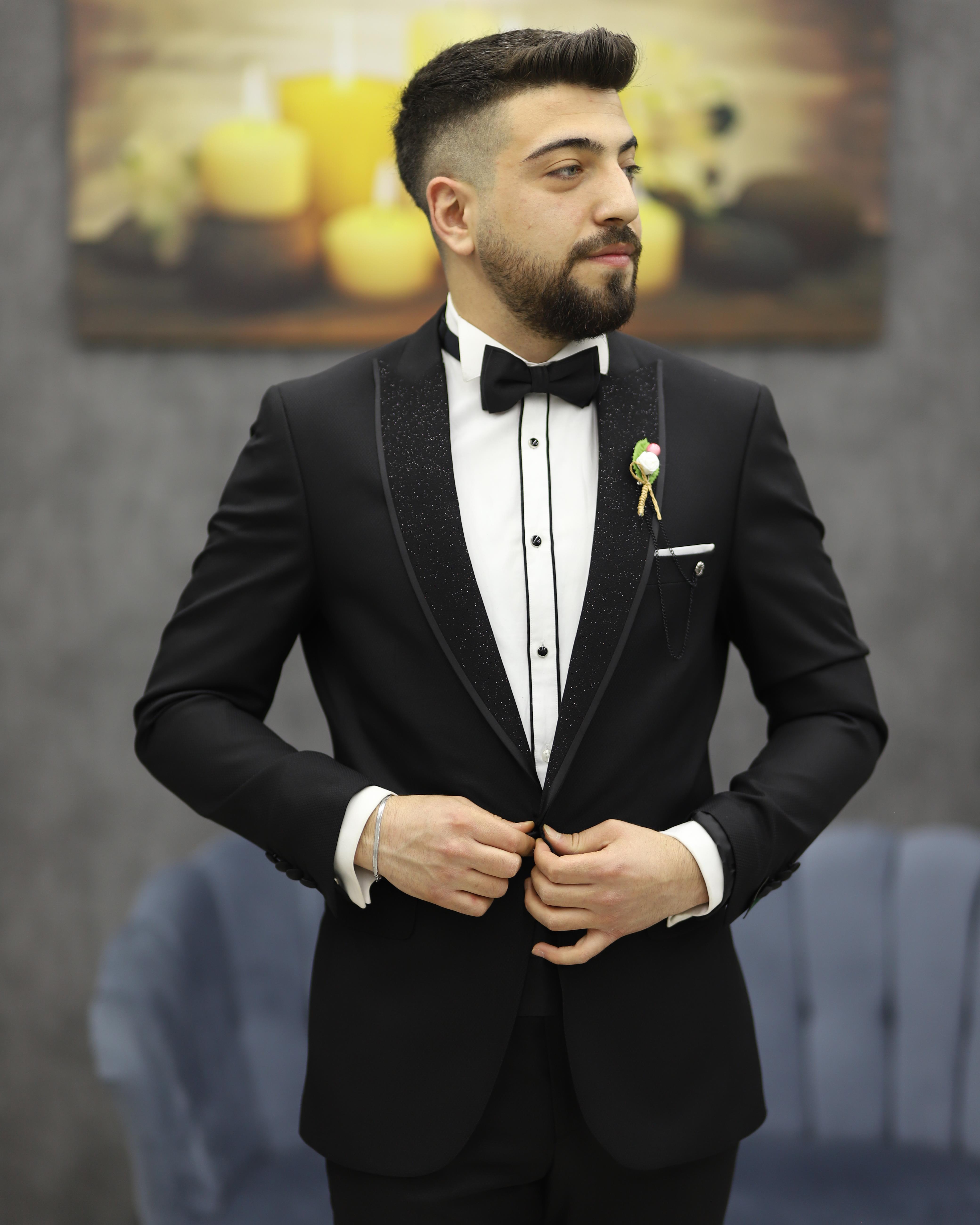 DORMEN 4290 SİMLİ KESİK YAKA SMOKİN SET(SİYAH)