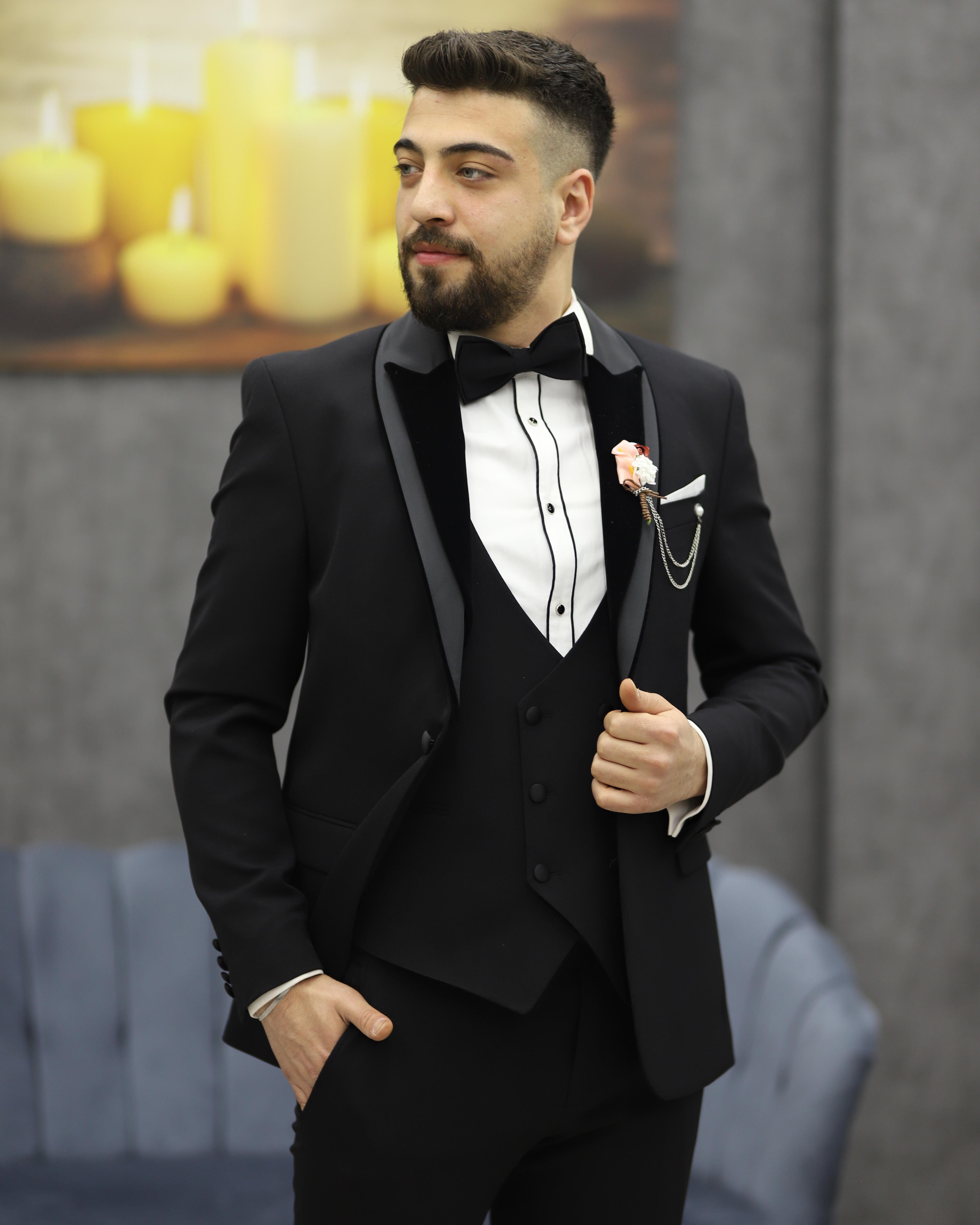 DORMEN 4299 KADİFELİ ŞAL YAKA ENBOY LYCRALI SMOKİN SET(SİYAH)