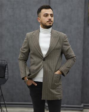 COSTUMEN 4005 CEKET YAKA ÇİZGİLİ KAŞE KABAN(VİZON)