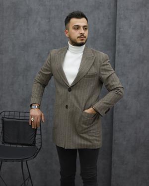 COSTUMEN 4005 CEKET YAKA ÇİZGİLİ KAŞE KABAN(VİZON)
