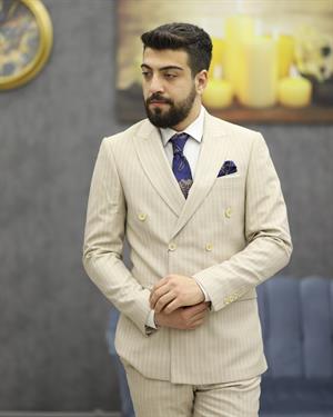 SAVARA 12161 SLİMFİT ÇİZGİLİ KRUVAZE TAKIM ELBİSE(BEJ)