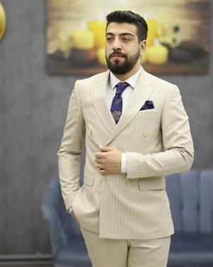SAVARA 12161 SLİMFİT ÇİZGİLİ KRUVAZE TAKIM ELBİSE(BEJ)