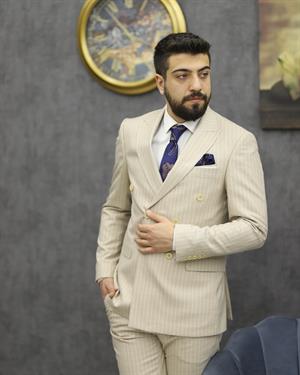 SAVARA 12161 SLİMFİT ÇİZGİLİ KRUVAZE TAKIM ELBİSE(BEJ)