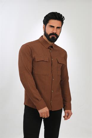 Alagöz Erkek Kışlık Düğmeli Kahverengi Gömlek