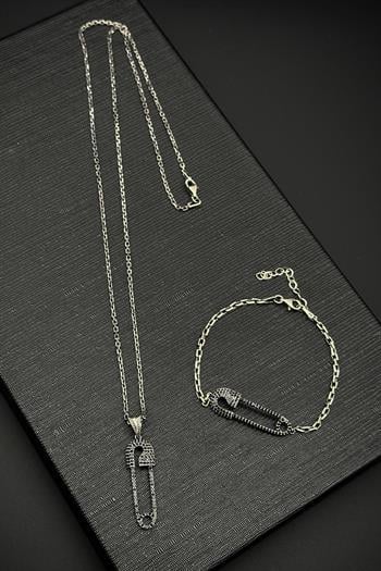 FRNCH 925 Ayar Gümüş Çengelli İğne Model Siyah Zirkon Taşlı Erkek Bileklik/Kolye Set FRJ12196-3196-S2