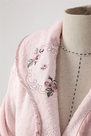 Fiesta Mina Bambu Nakışlı Bornoz Seti - Krem - Pembe