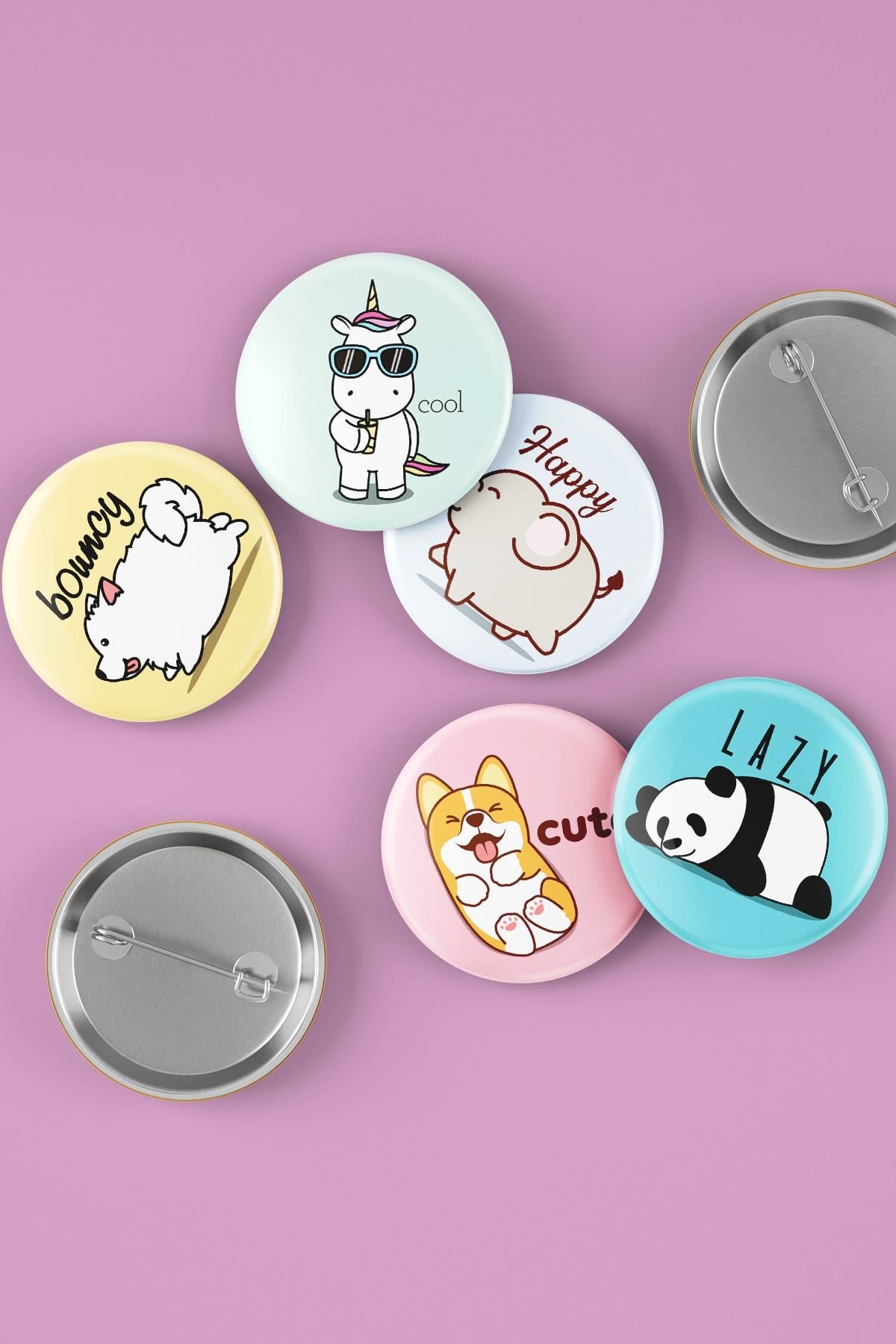 Sevimli Hayvanlar - Cute Animals - Eğlenceli - Iğneli Rozet Seti - Broş - Yaka - Çanta Rozeti 5 Adet