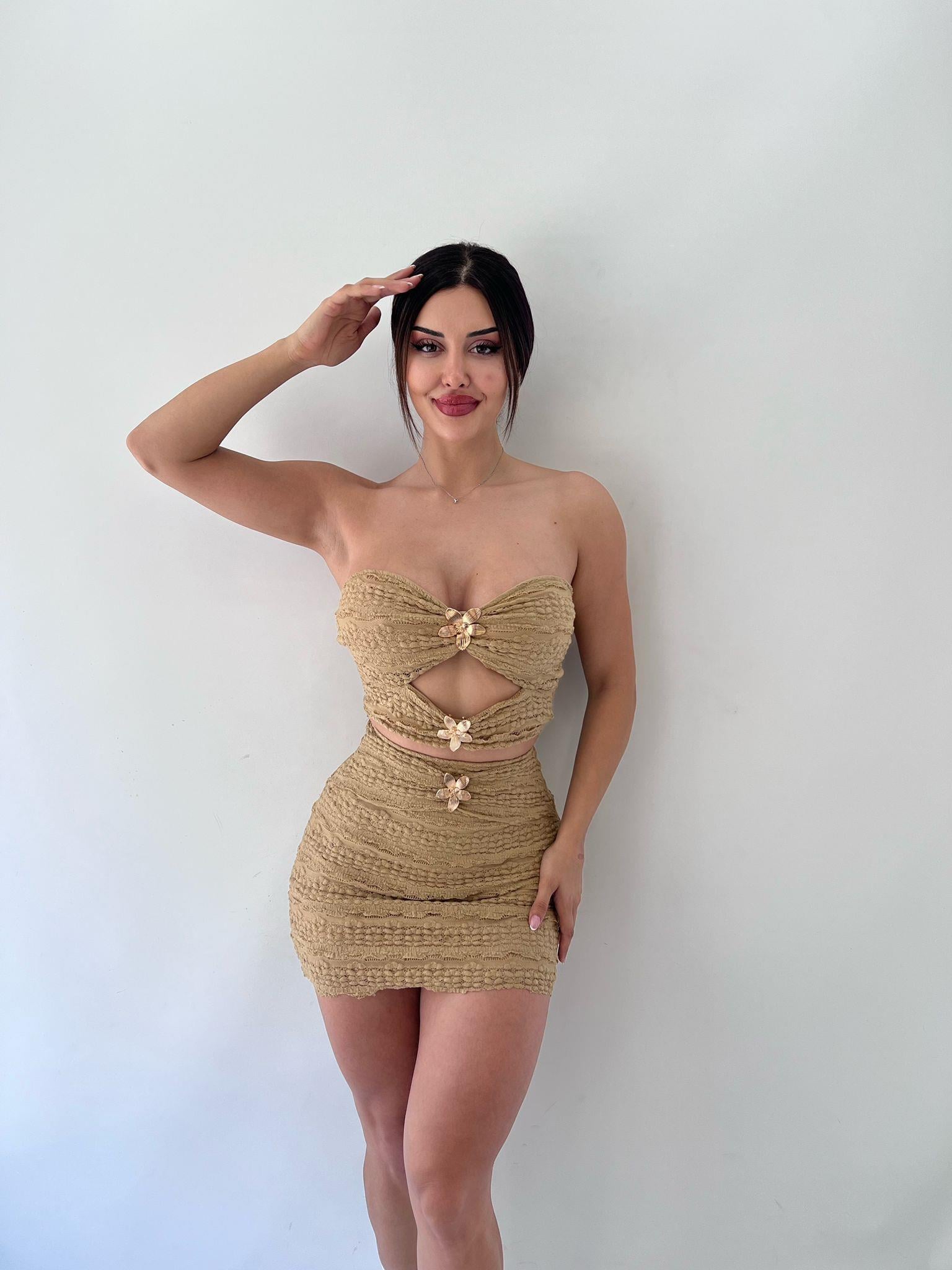 Bej Dantel Strablez Tokalı Etekli İkili Takım