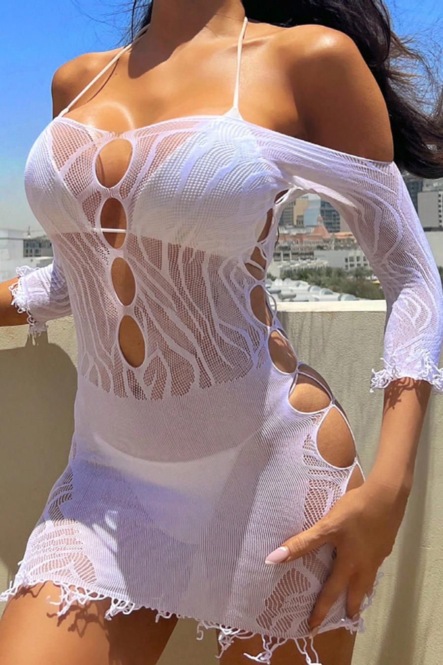 Beyaz Örme Streç Zebra Desenli Mini Babydoll