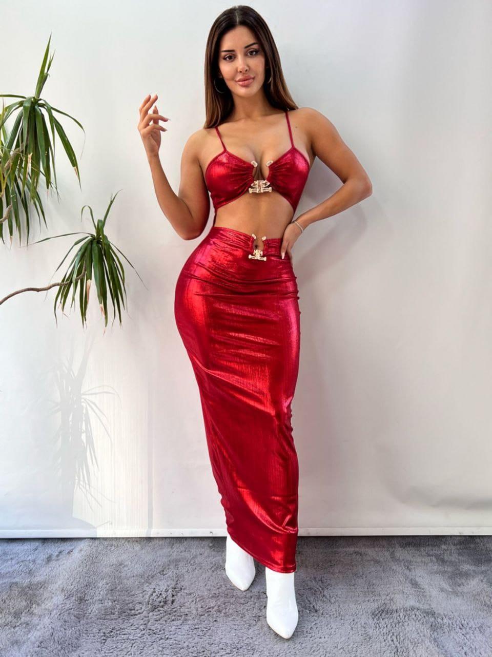 KIRMIZI  PU FAUX LAME TOKALI ELBİSE