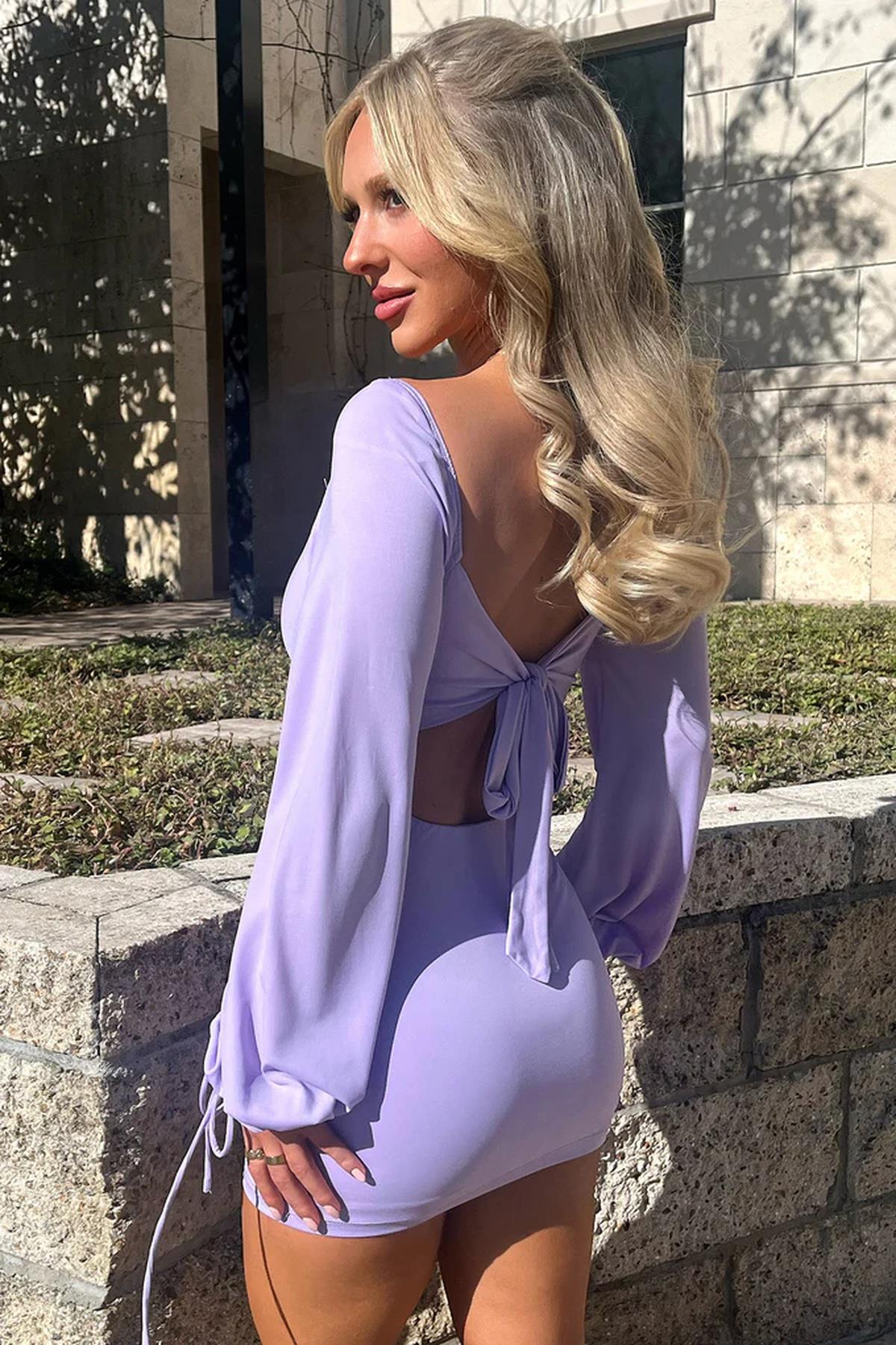 Lavender Glow Bağlamalı Lila Mini Elbise