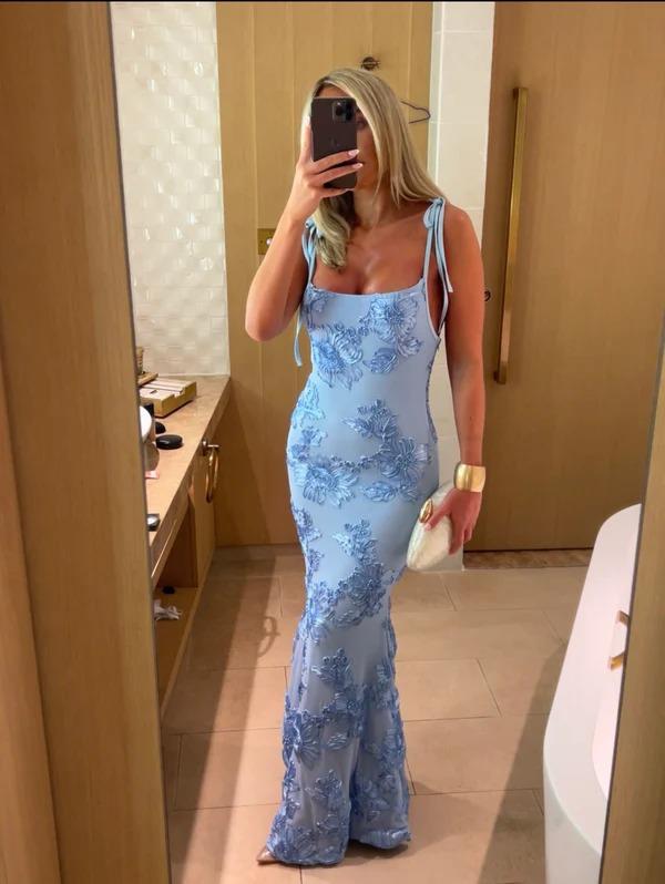 Mavi Ayarlanabilir Askılı Çiçekli Astarlı Maksi