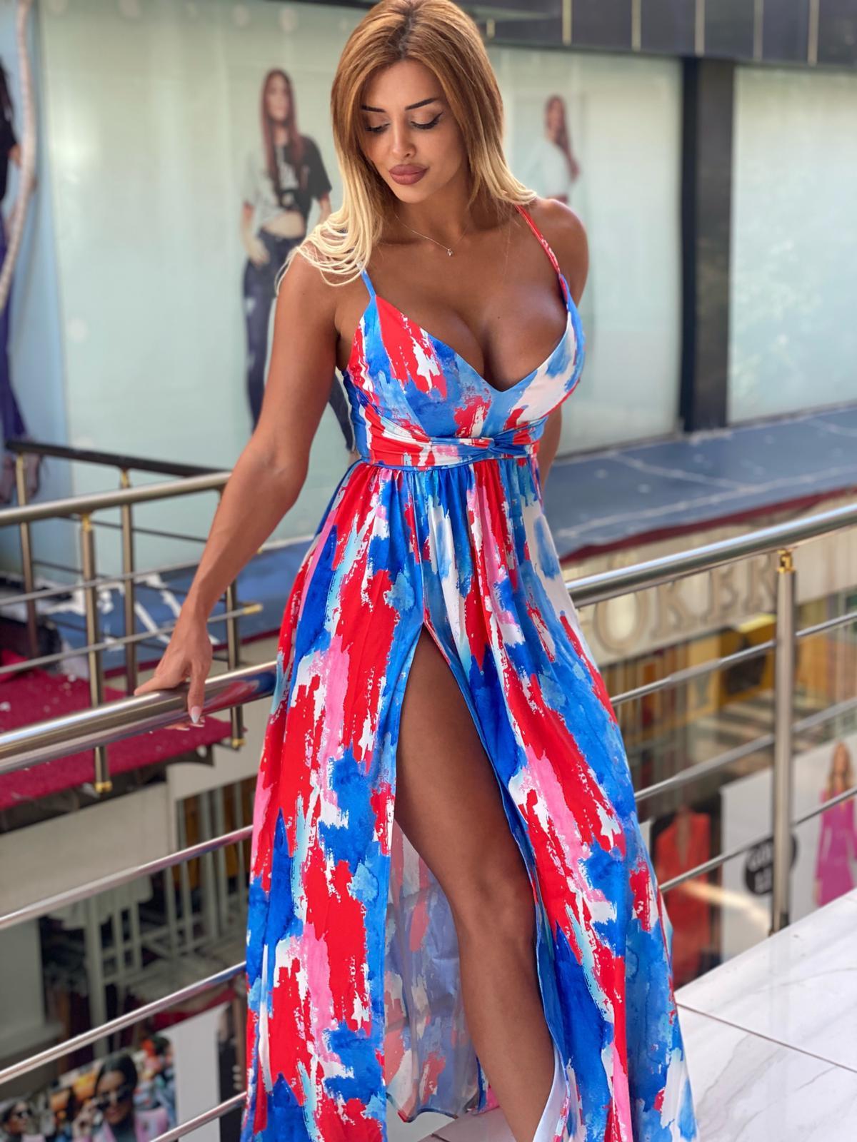 Batik Desenli Yırtmaç Detay Elbise