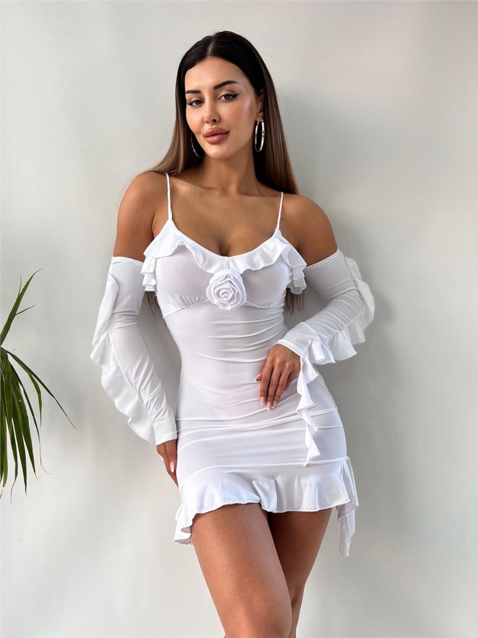 BEYAZ MADONNA YAKA ÇİÇEK FİGÜRLÜ MİNİ ELB