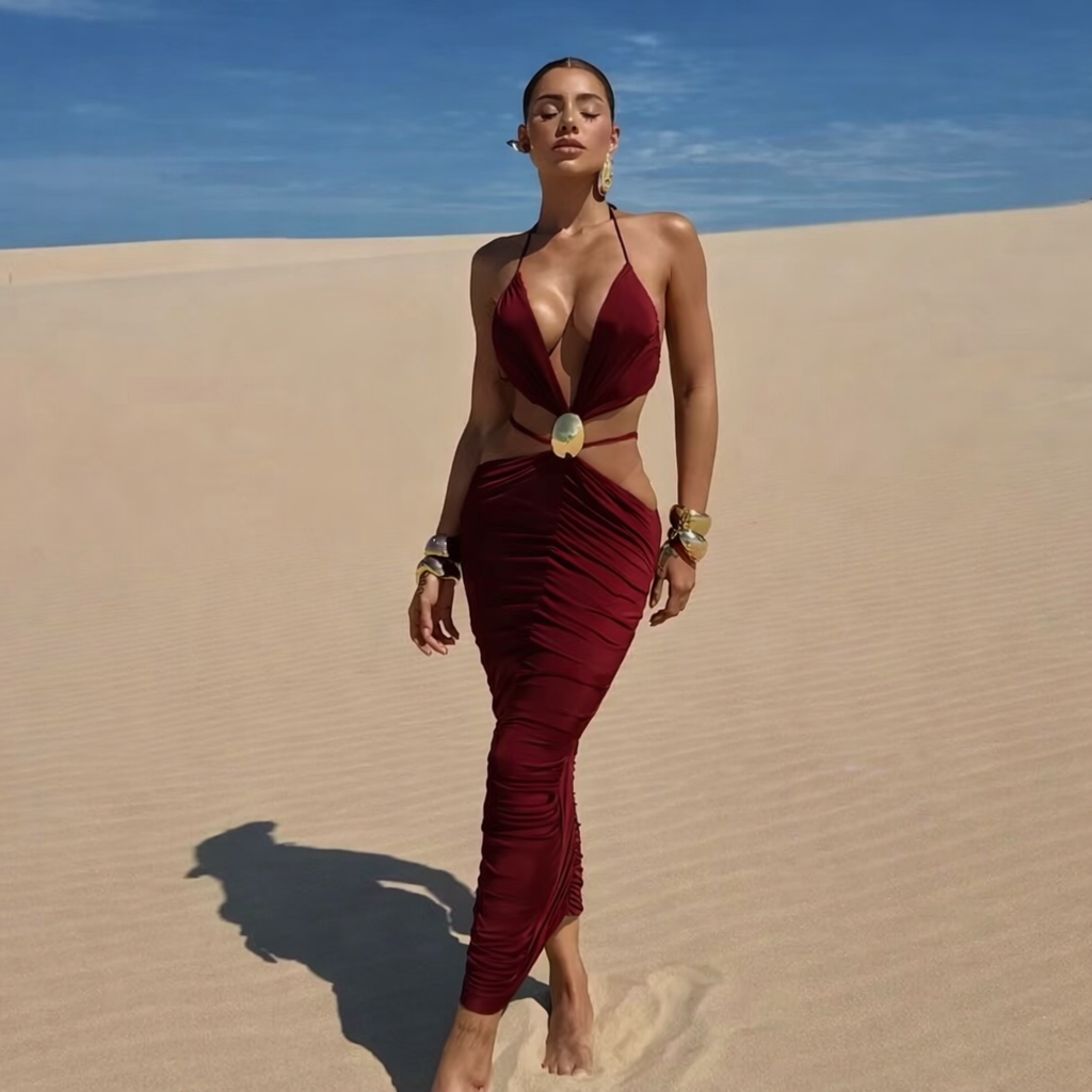 Bordo Sandy Kumaş Toka Det.Dekolteli Midi Elbise