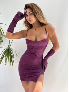 Bordo Simli Kumaş Eldivenli Elbise