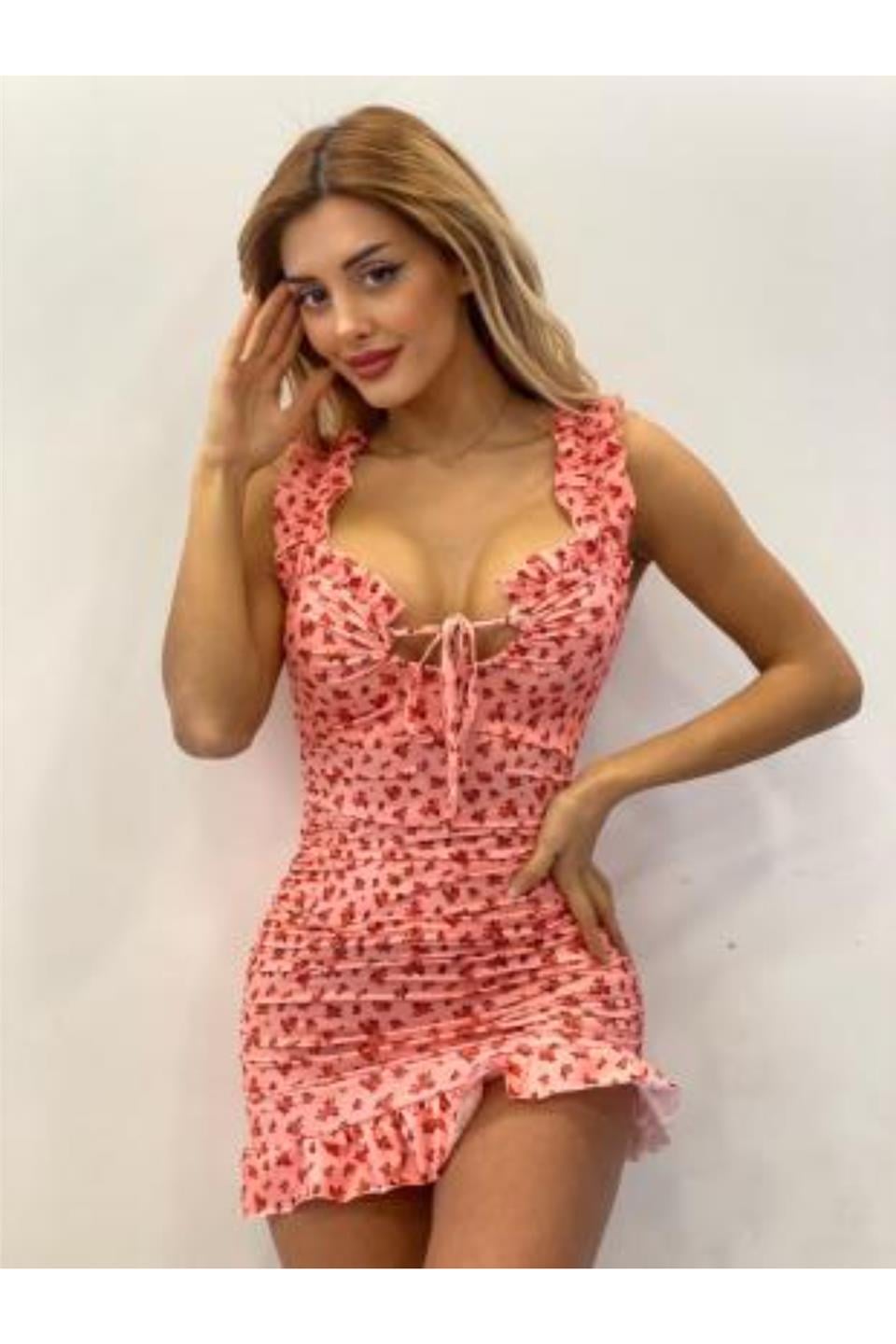 Çiçek Desenli Askılı Mini Elbise