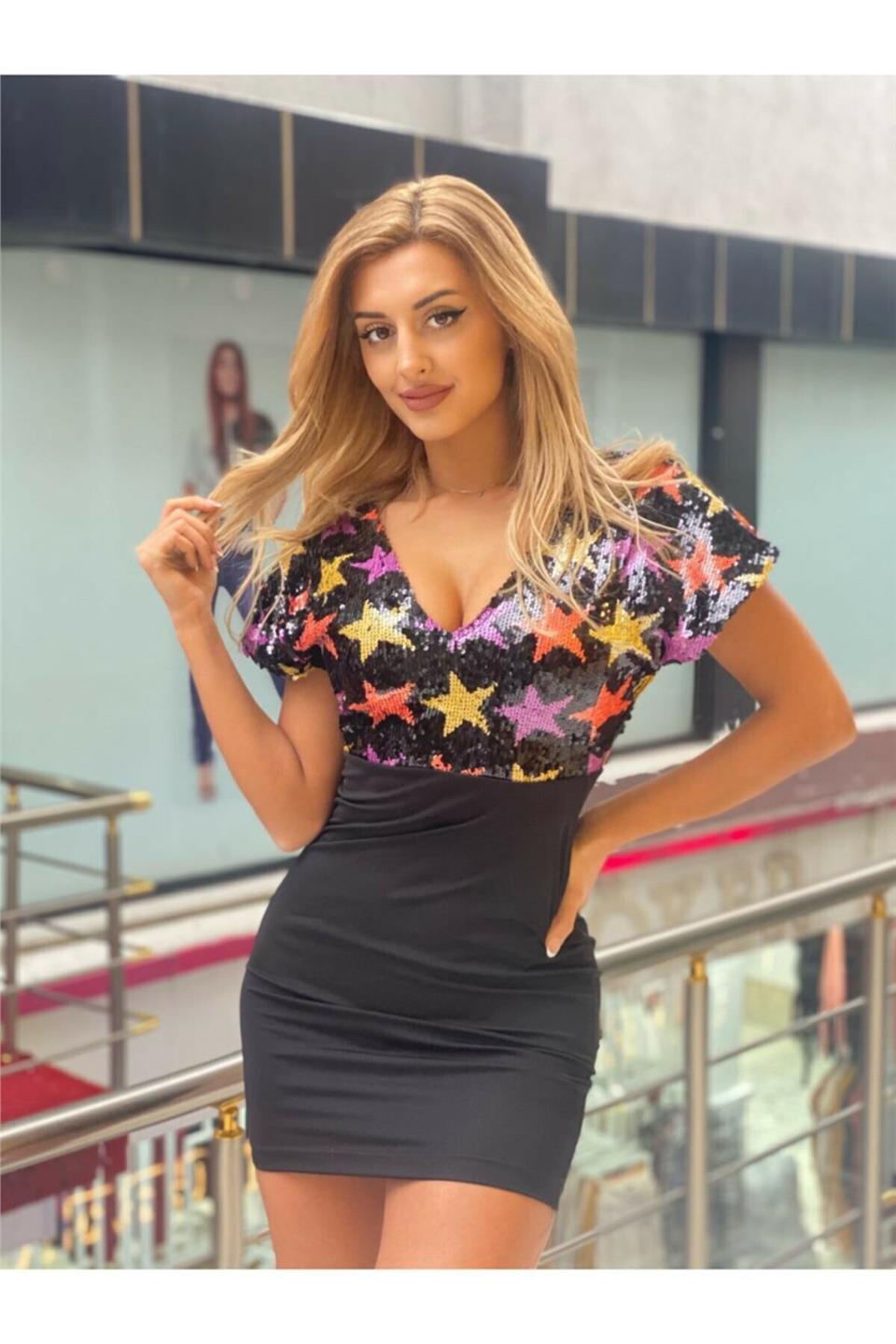 Etek Kısmı Dalgıç Üst Kısmı Yıldız Payet Mini Elbi