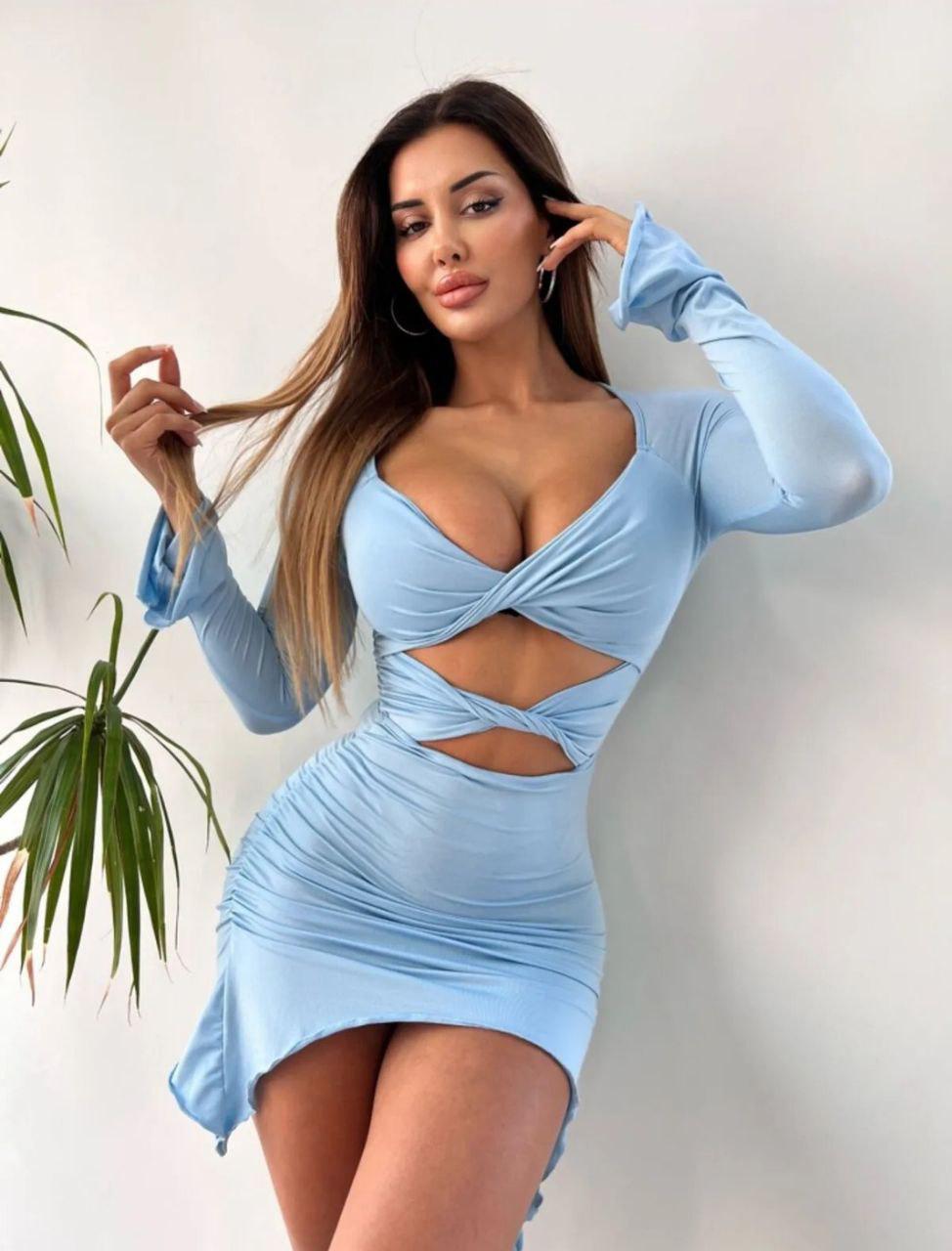 Flare Kollu Seksi Bodycon Bebek Mavisi Mini Elbise