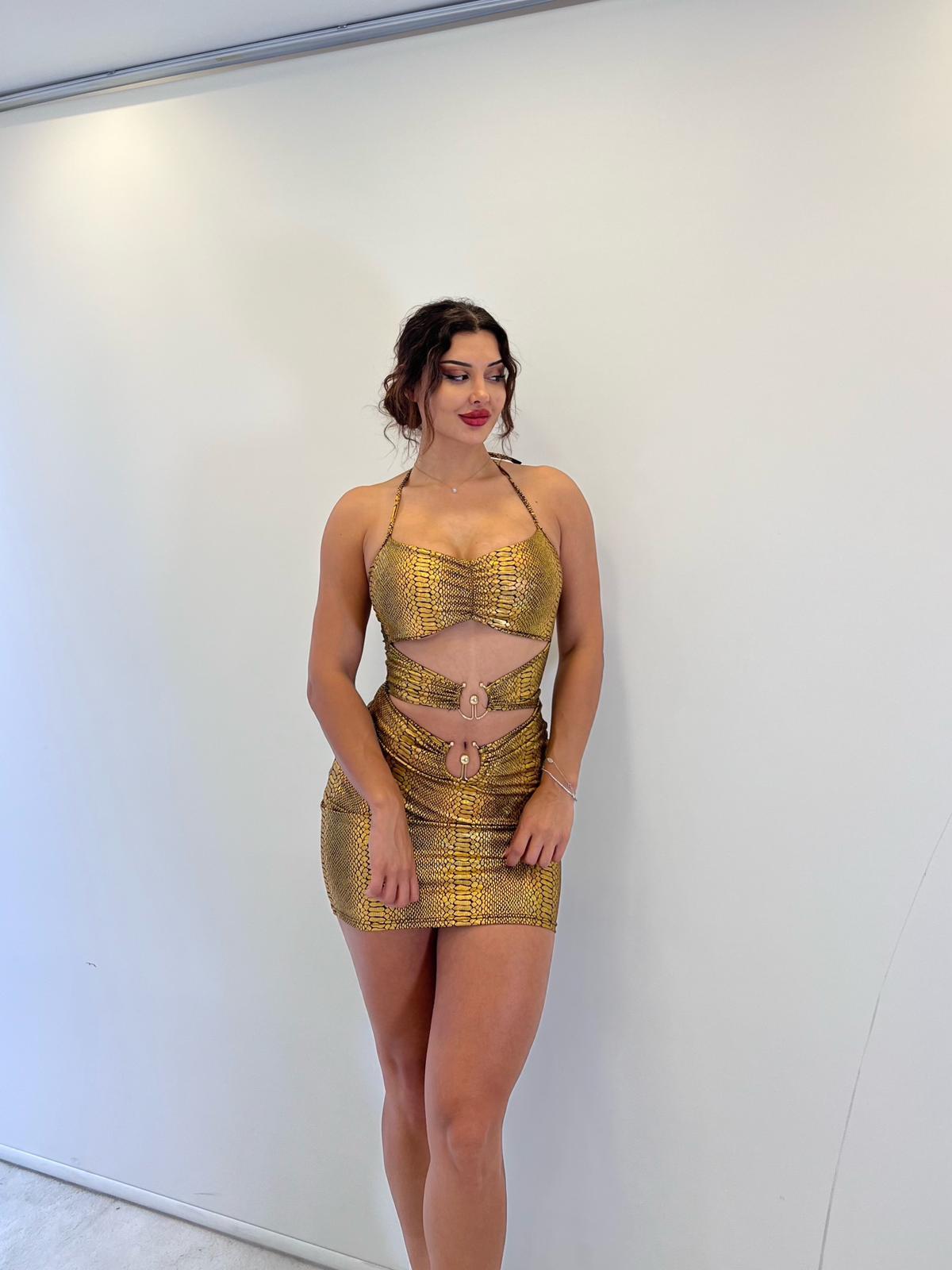 Gold Lame Askılı Toka Detaylı Mini Etekli Takım