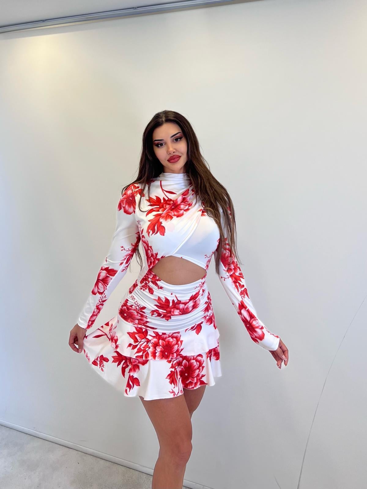 Kırmızı Çiçek Des.Uzun Kol.Fırfır Etekli Mii Elb.