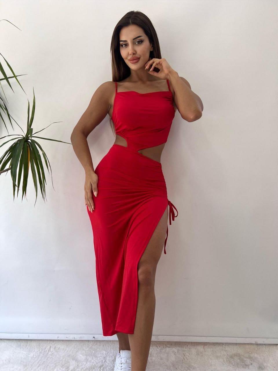 Kırmızı Kriptografik Zarif Seksi İp Detaylı Maksi