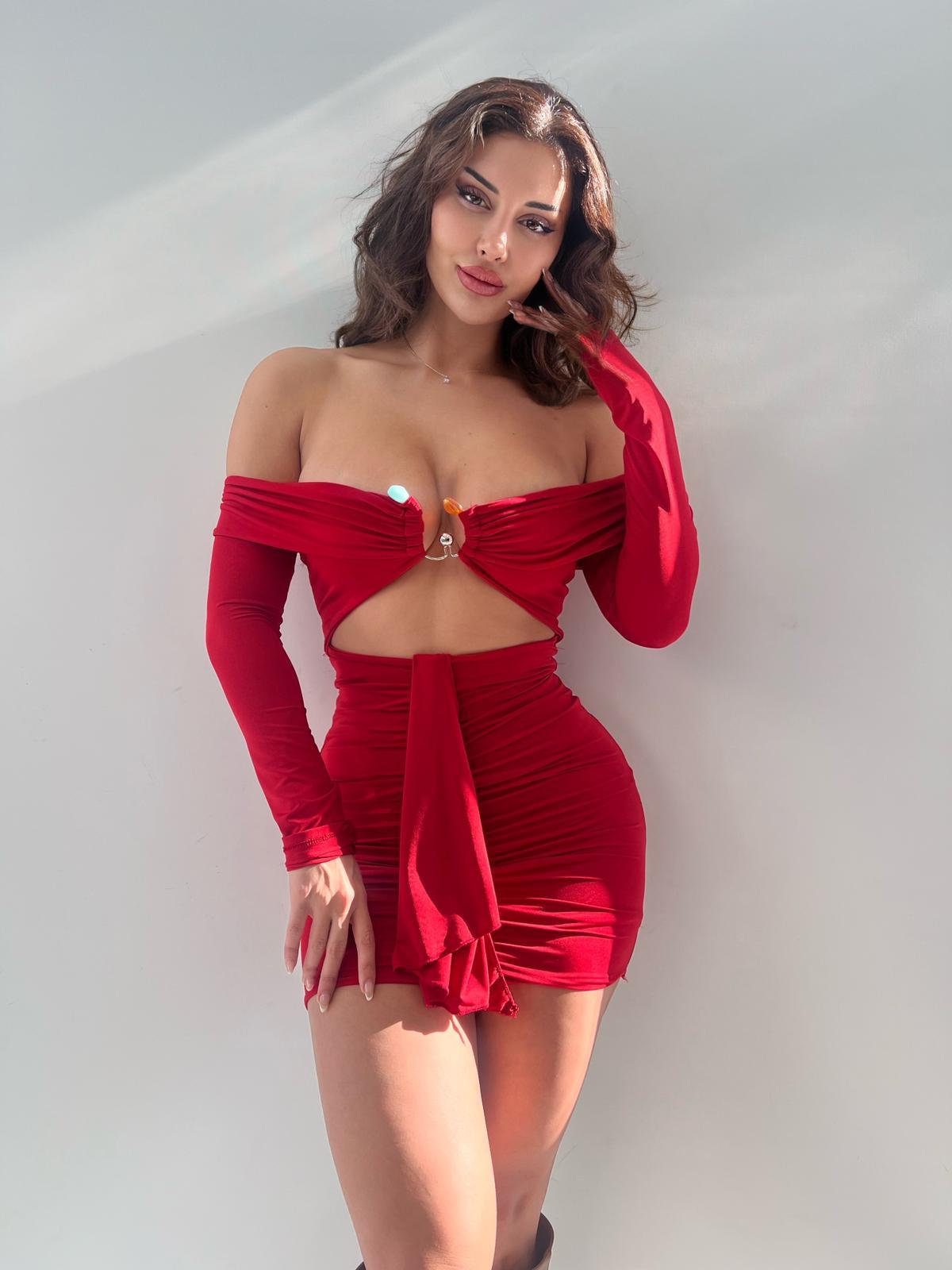 Kırmızı Straplez Tokalı Full Likrali Mini Elbise