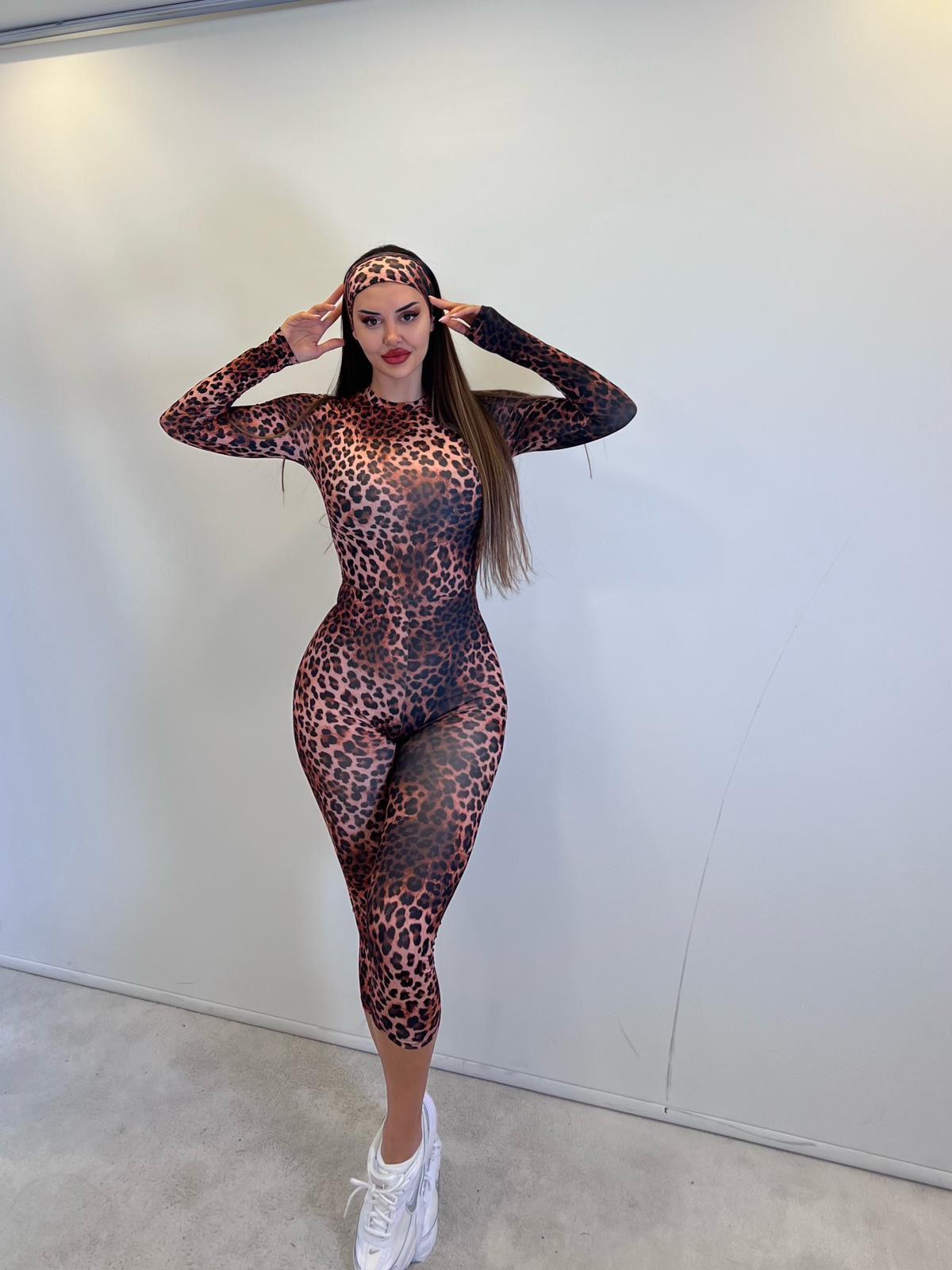 Leopar Bandanalı Midi Şort Tulum