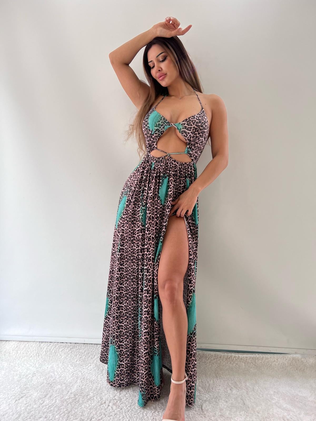 Leopar Desenli Micro Kumaş Uzun Summer Dress