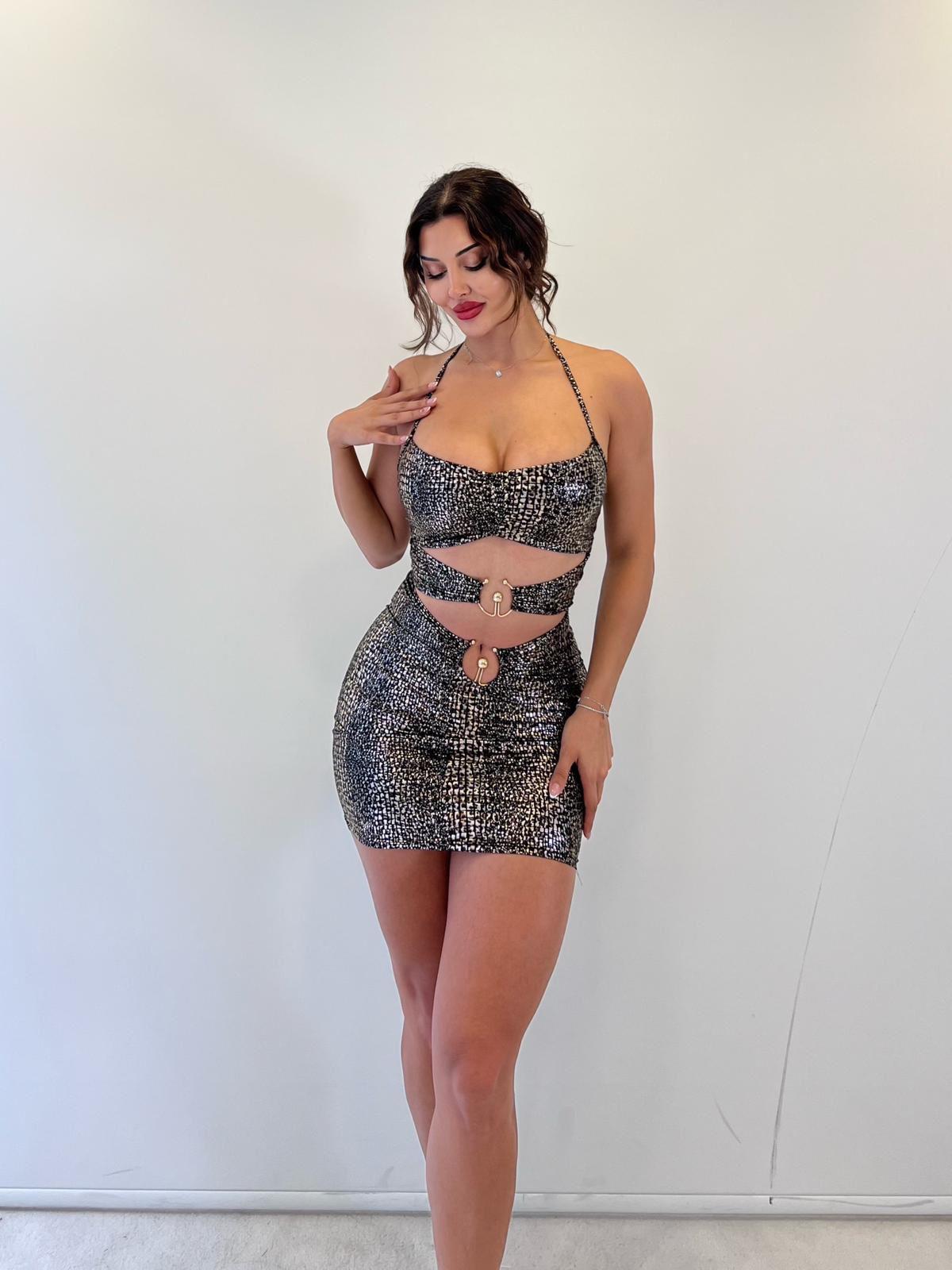 Leopar Lame Askılı Toka Detaylı Mini Etekli Takım