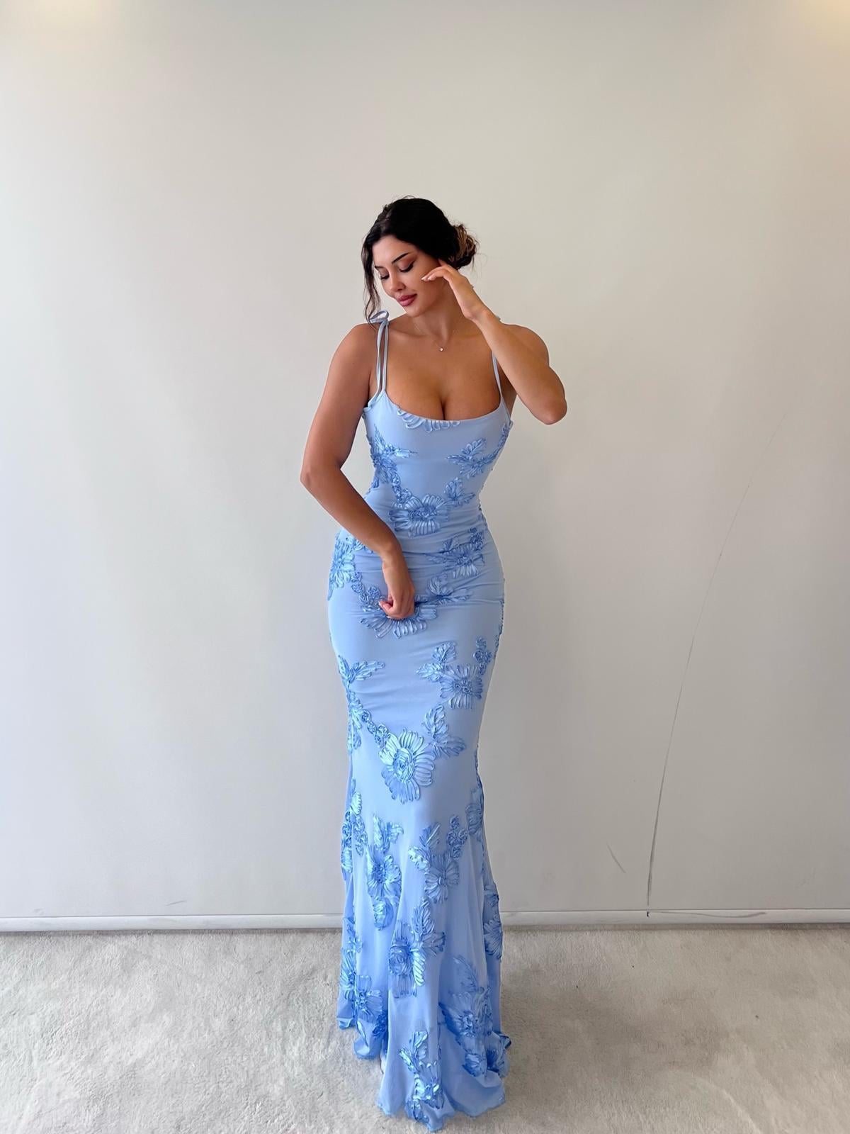 Mavi Ayarlanabilir Askılı Çiçekli Astarlı Maksi