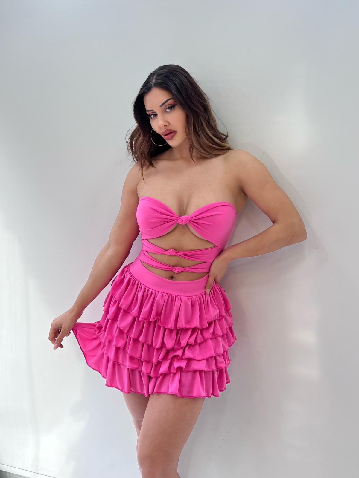 Pembe Eteği Kat Kat Fırfırlı Sandy Mini Elbise