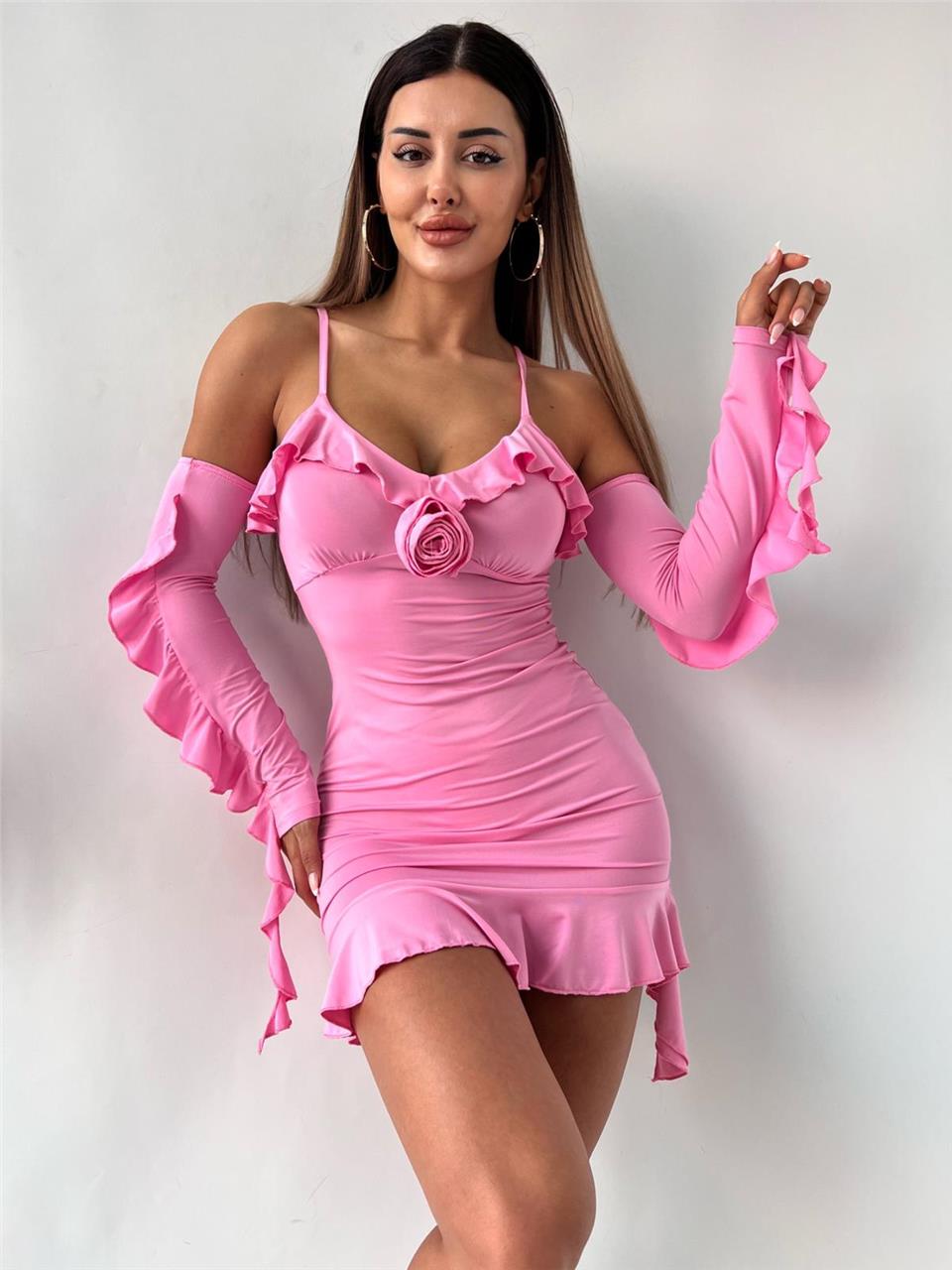PEMBE  MADONNA YAKA ÇİÇEK FİGÜRLÜ MİNİ ELB