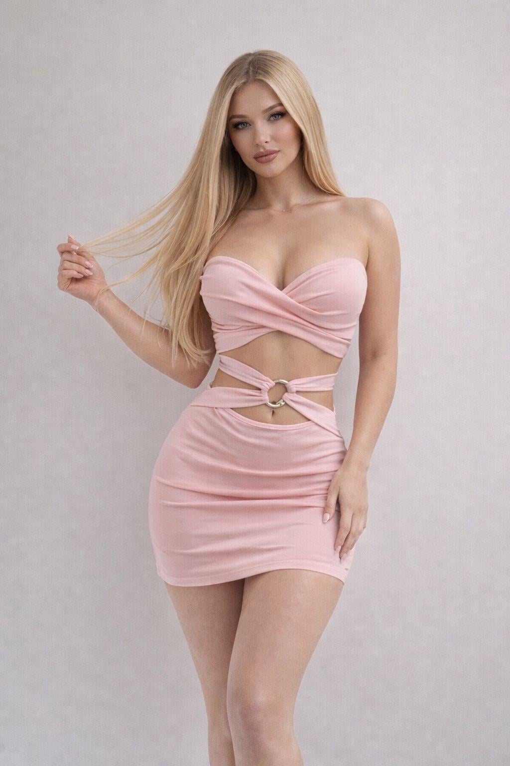 Pudra Pembe Luna Halkalı Cut-Out Mini Elbise