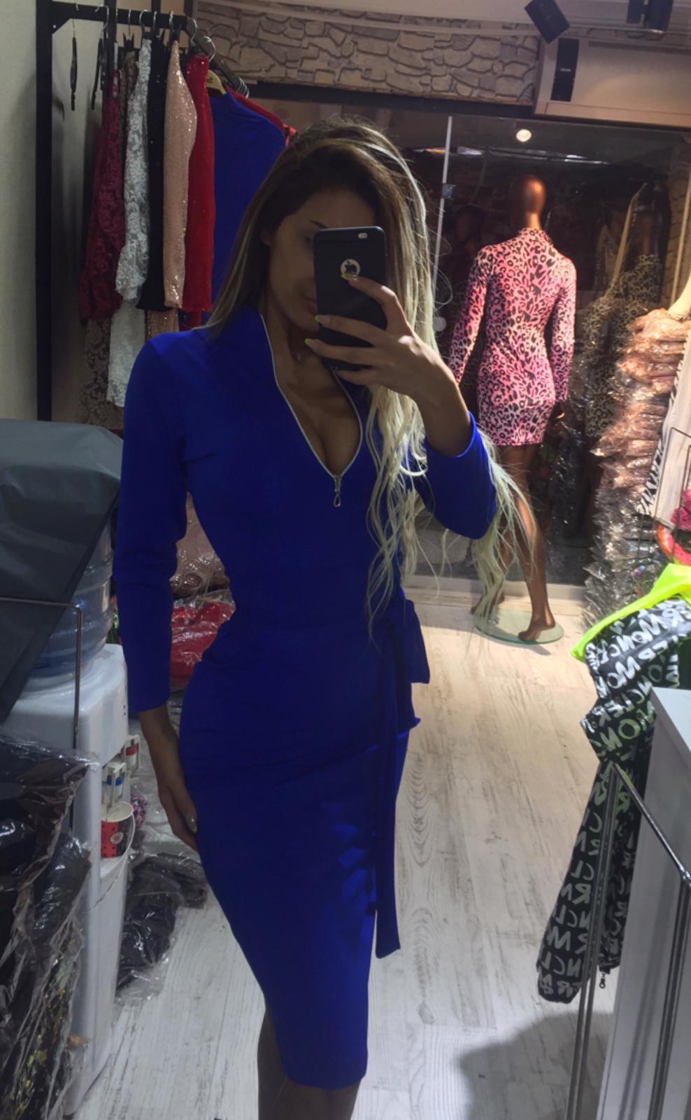 Saks Mavi Dalgıç Fermuar Detaylı Midi Elbise