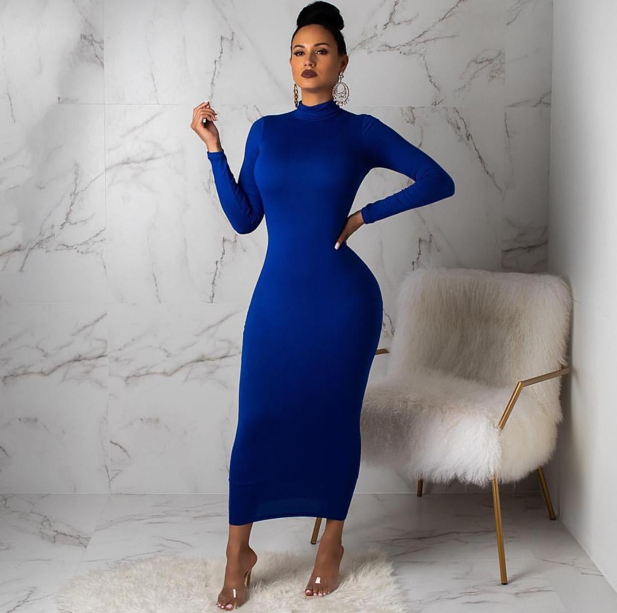 Saks Mavi Sandy Kumaş Maksi Elbise