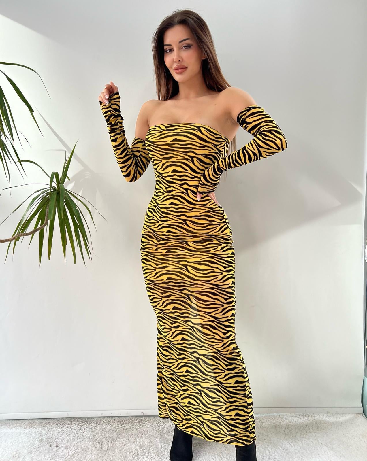 Sarı Tül Üzeri Flog Baskılı Zebra Desenli