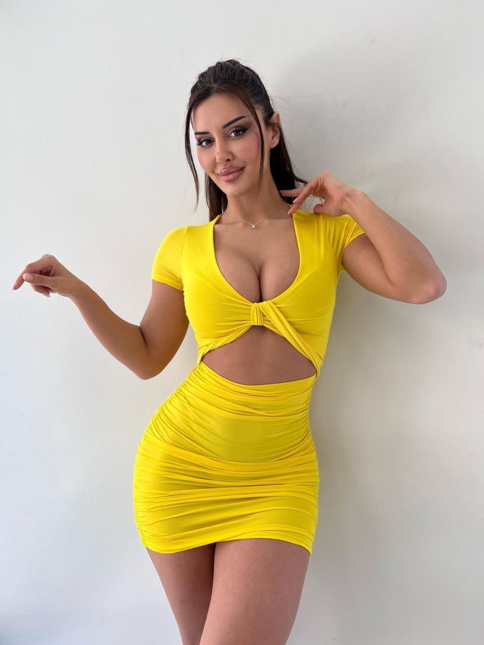 Sarı V Yaka Hollow Out Wrap Hip Kısa Kollu
