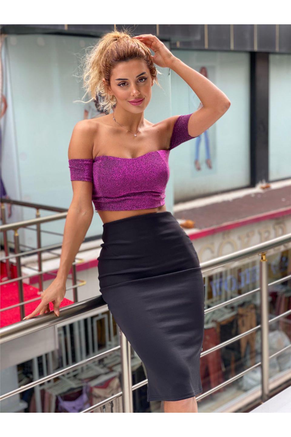 Siyah Etek-Fuşya Simli Büstiyer İkili Takım