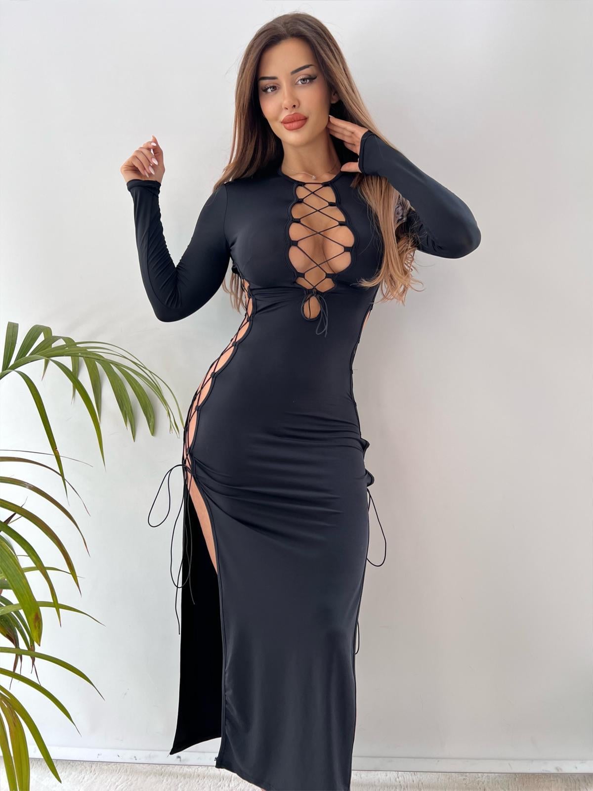 Siyah Mikro Kumaş İp Dekolteli Maxi Elbise