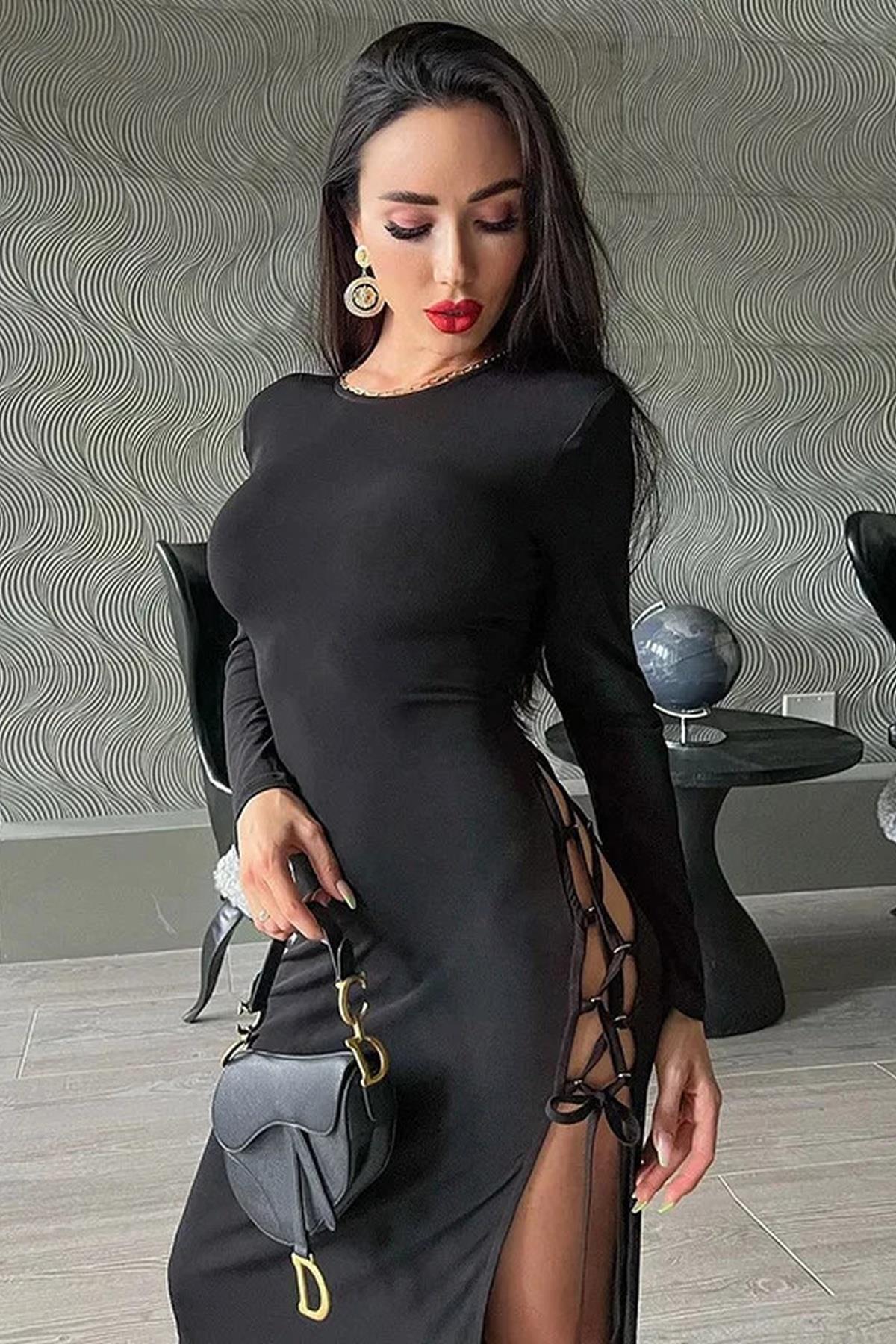 SİYAH UZUN KOLLU FULL SIRT DEKOLTELİ MAKSİ ELBİSE