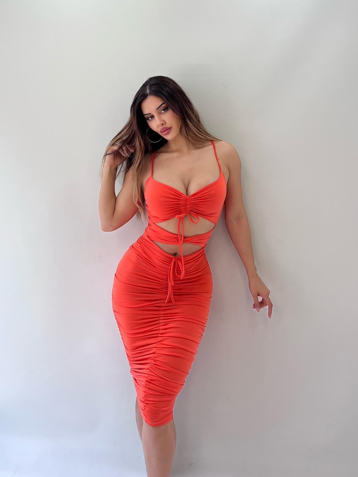 Turuncu Sandy Kumaş Full Likra Kalem Elbise