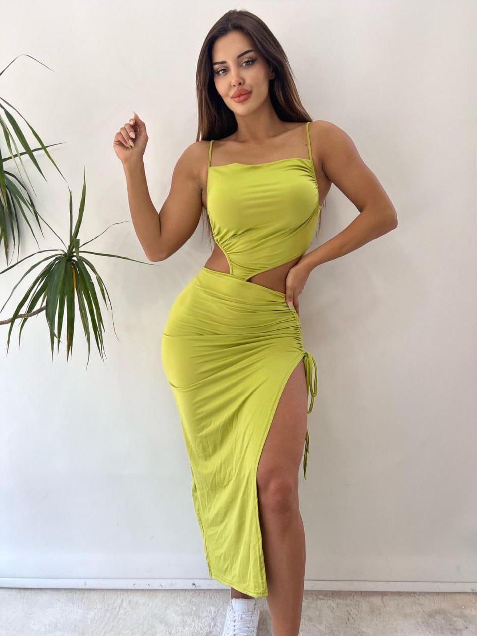 Yeşil Kriptografik Zarif Seksi İp Detaylı Maksi