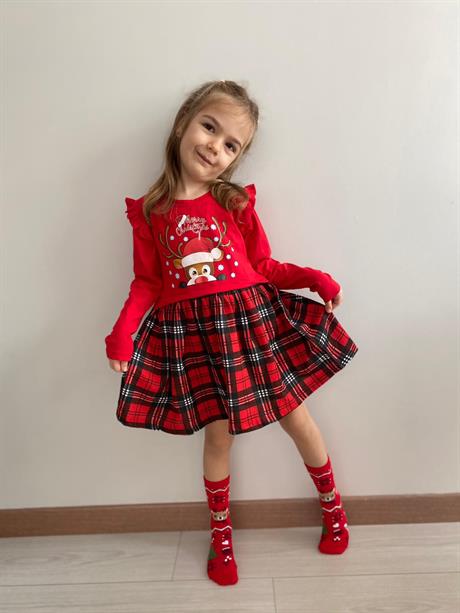 5 - 10 Yaş Yılbaşı Konseptli Kız Çocuk Elbise Kırmızı
