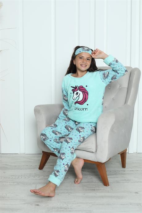 9 - 16 Yaş Unicorn Baskılı Polar Kız Çocuk Pijama Takımı Yeşil