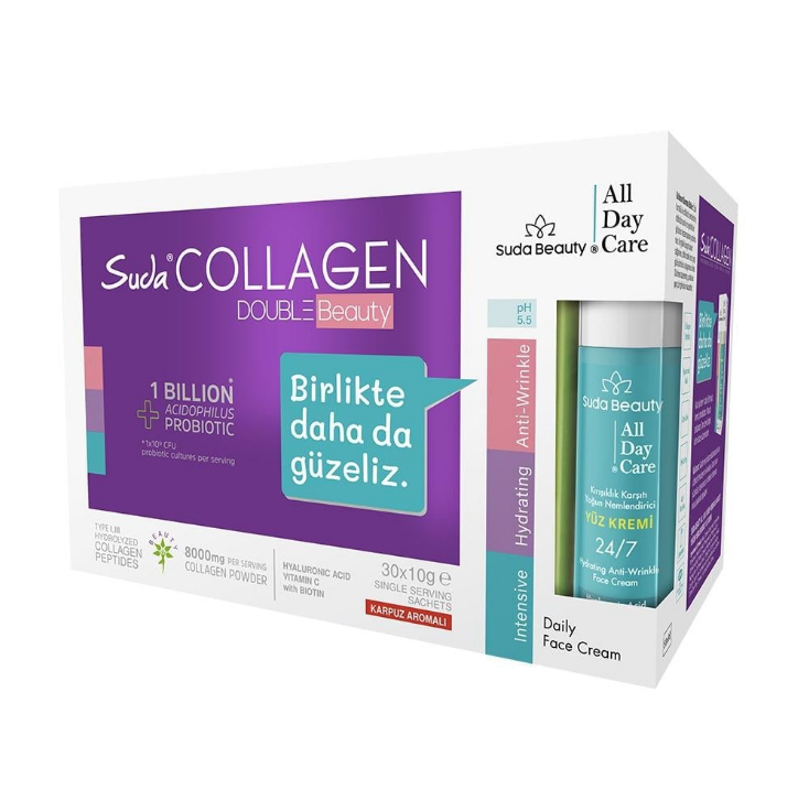 Suda Collagen Double Beauty (30 Şase Karpuz Kolajen & Suda Beauty All Day Care Yüz Kremi 50ml)