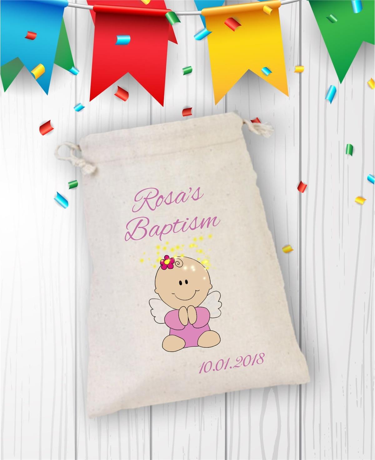Pink printed pouch for baptism/christening
