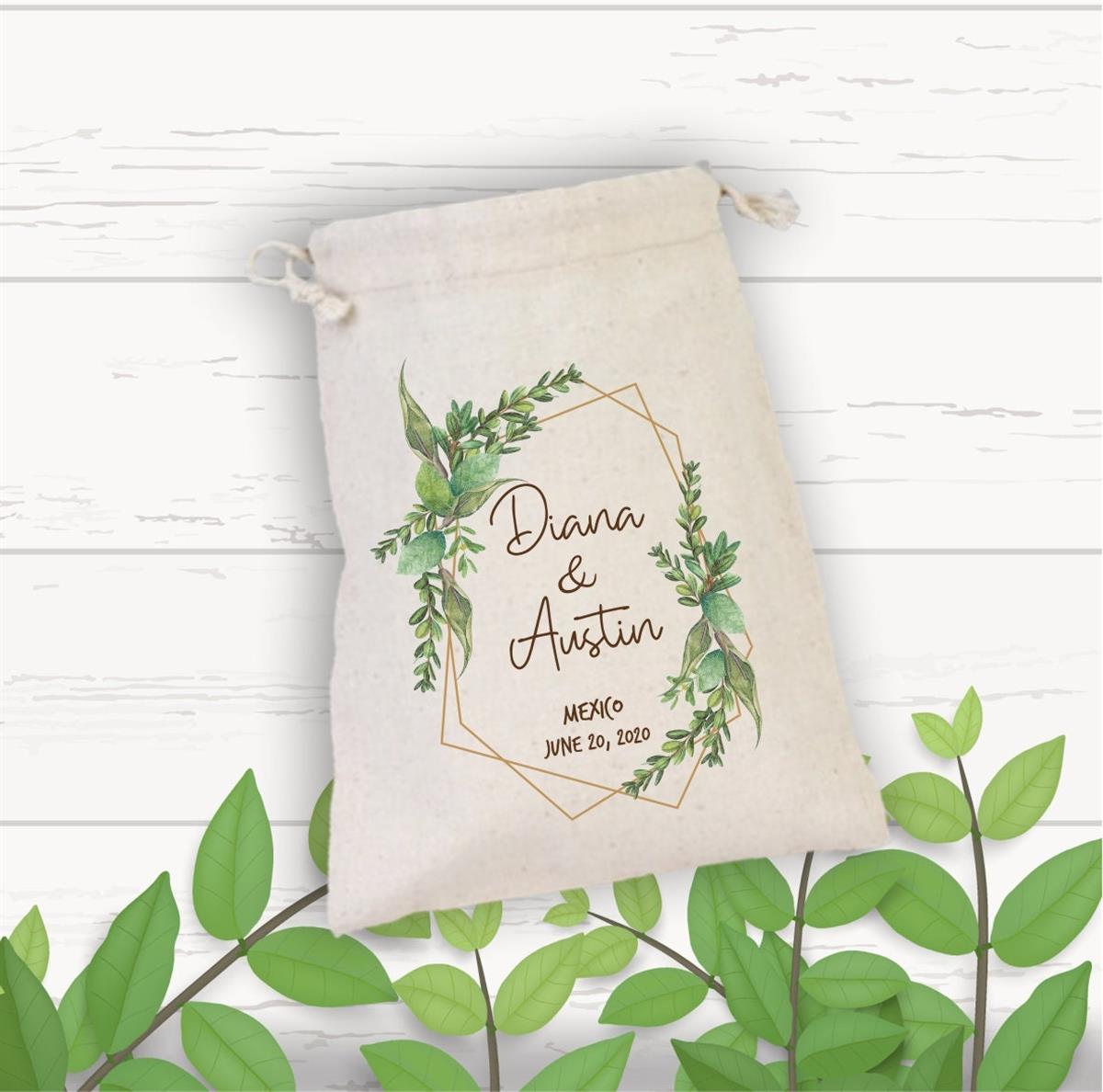 Personalized Green Leaf Patterned Wedding Gift Pouch