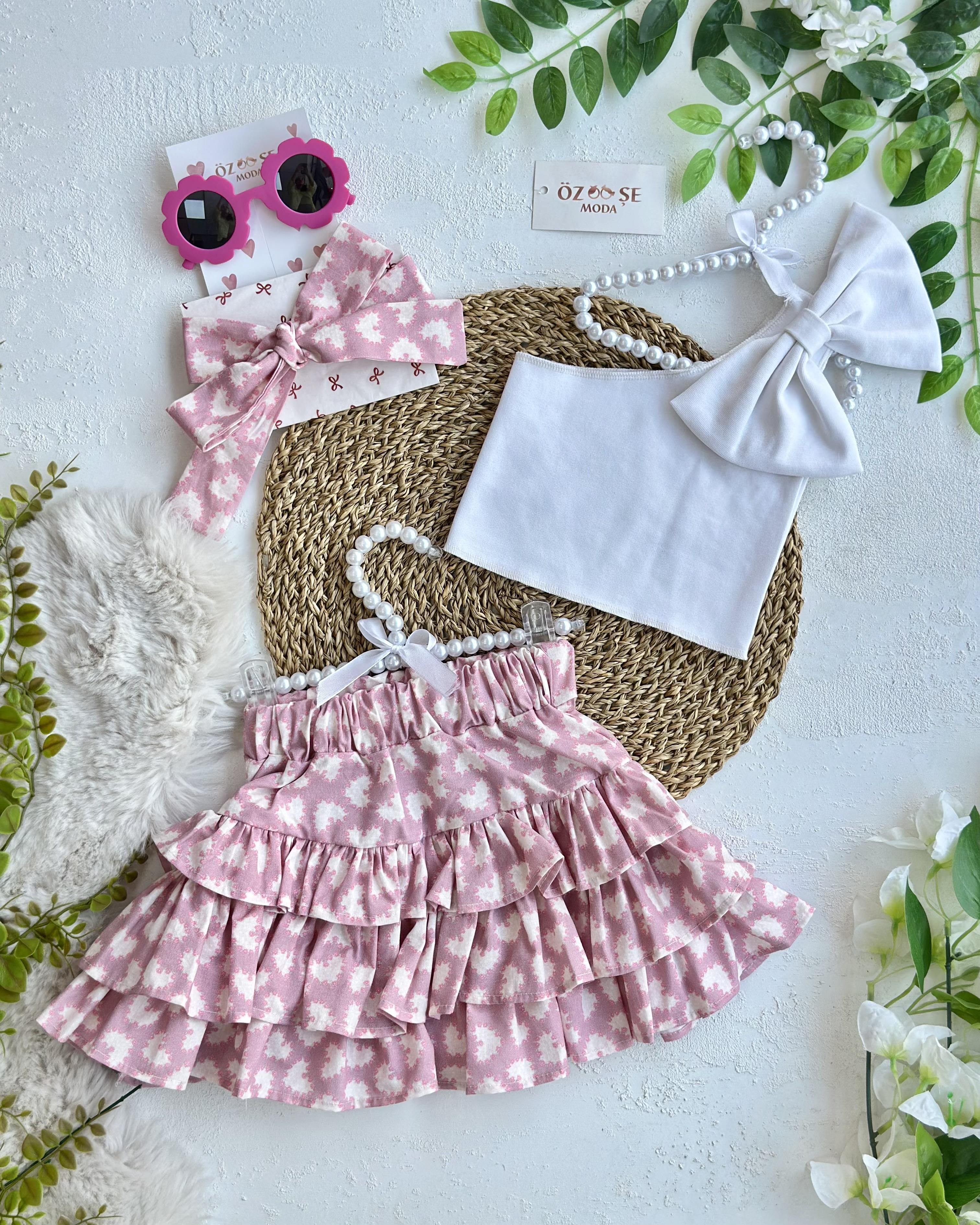GÖZLÜK VE BANDANA HEDİYELİ Desenli Fırfırlı Lila Etek Crop Takım